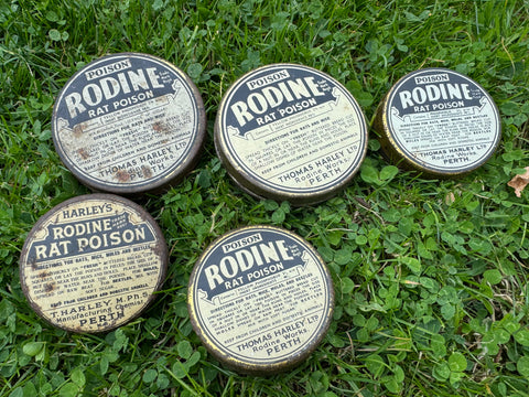 Five vintage Rodine Rat Poison Tins Harleys Perth