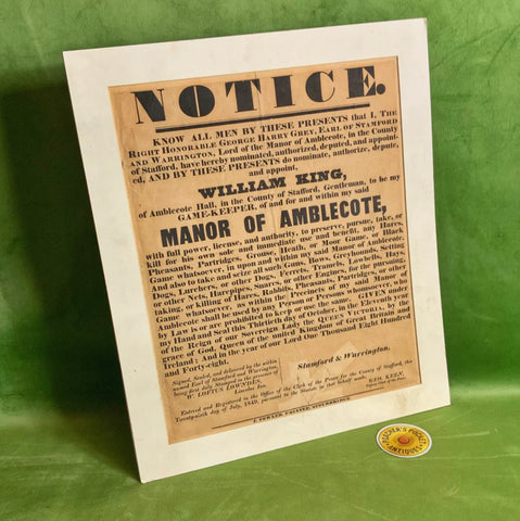 Original Gamekeeper Appointment Notice 1849